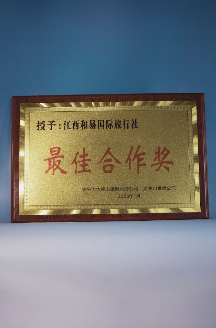 Dexing Damaoshan Tourism 2026 Best Cooperation Award (最佳合作奖) gold sunburst plaque in rosewood frame with red calligraphy, presented to Jiangxi Heyi International Travel, dated January 2026