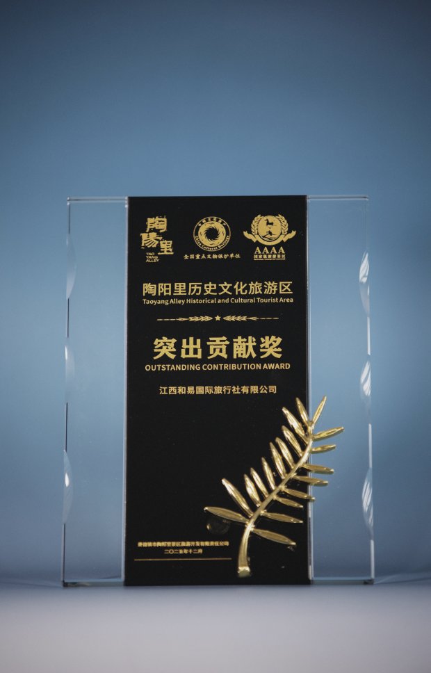 Taoyang Alley Historical & Cultural Tourist Area 2025 Outstanding Contribution Award black-and-gold glass trophy with golden leaf presented to Jiangxi Heyi International Travel